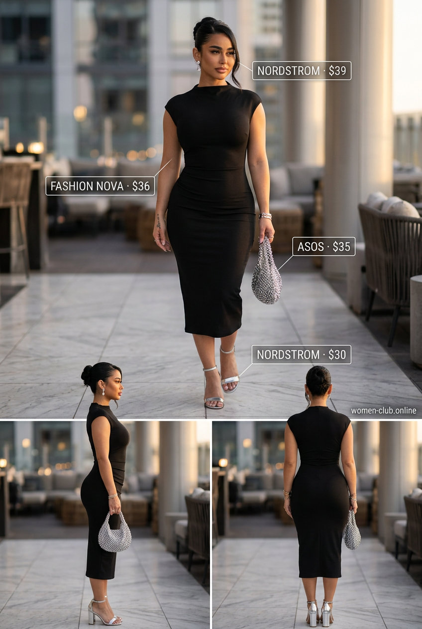Navy blue bodycon dress for a summer soiree with silver strappy heels and crystal earrings. What to wear with bodycon dress summer 2026.