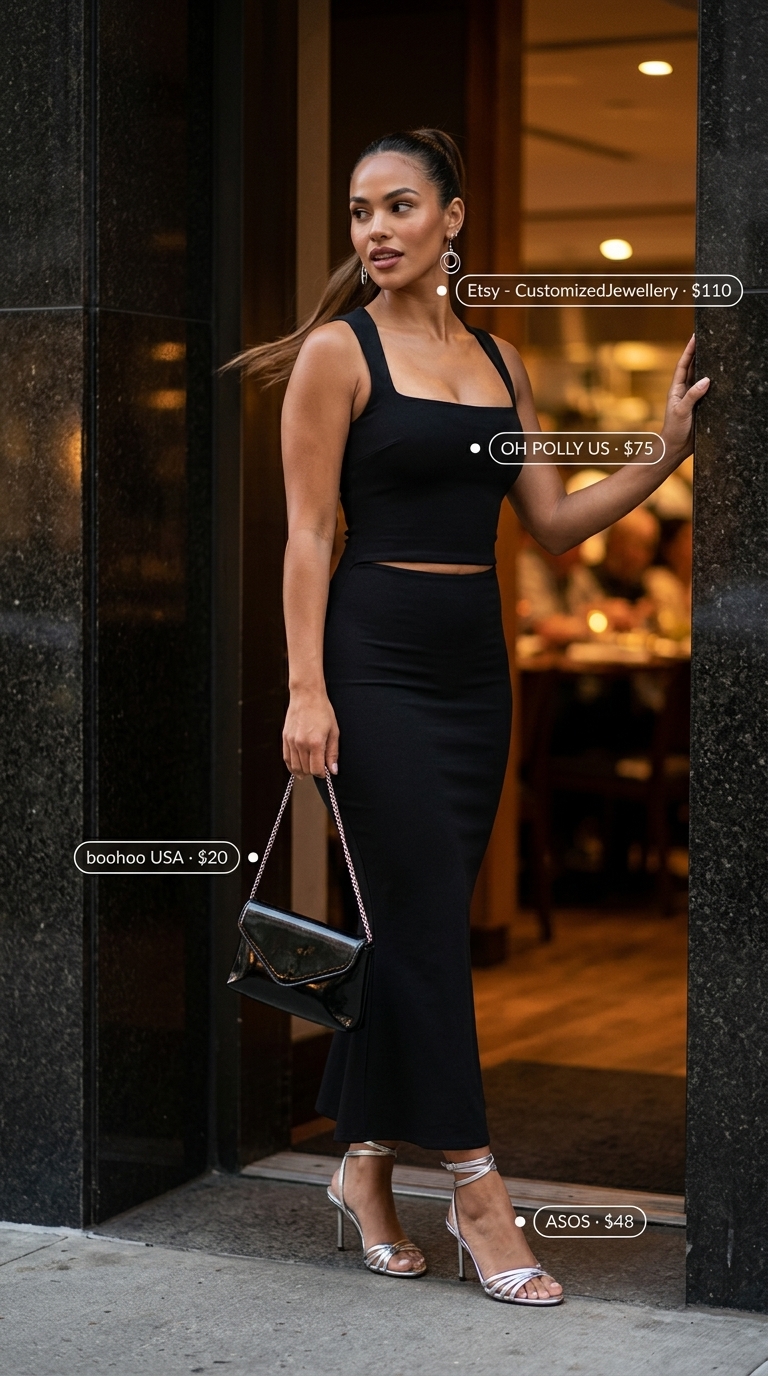 Sleeveless black midi bodycon dress with square neckline for a summer dinner date, paired with silver heels.