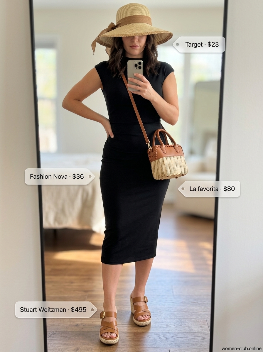 White bodycon dress styled for a sunset cruise with tan espadrilles, straw crossbody bag, and wide-brimmed hat. What to wear with bodycon dress summer 2026.