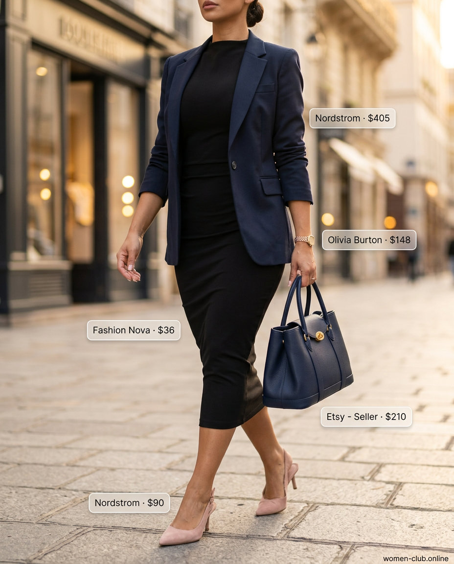 Styling a bodycon dress under a navy blazer with cream pants for professional office wear. What to wear with bodycon dress summer 2026.