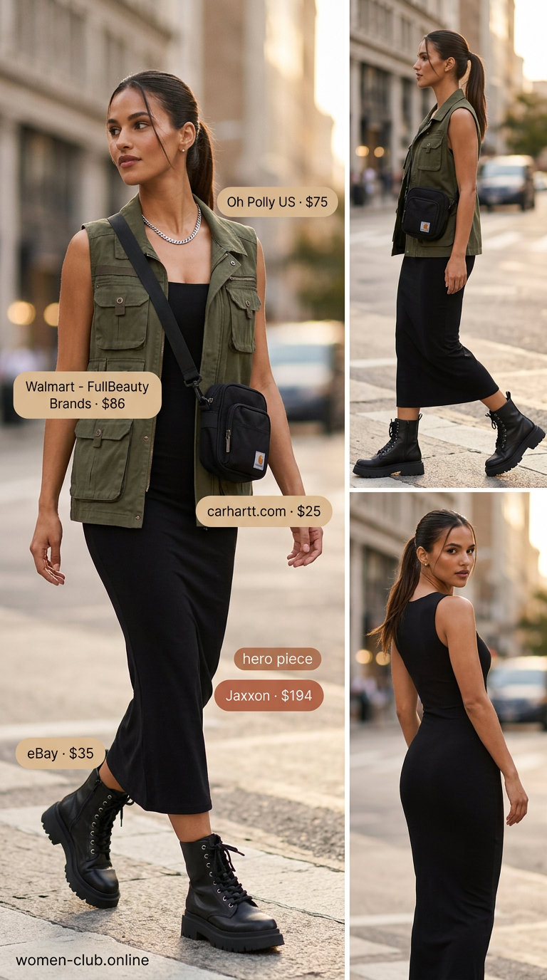 Black bodycon dress with olive utility vest, combat boots & crossbody bag for urban outfits 2026.