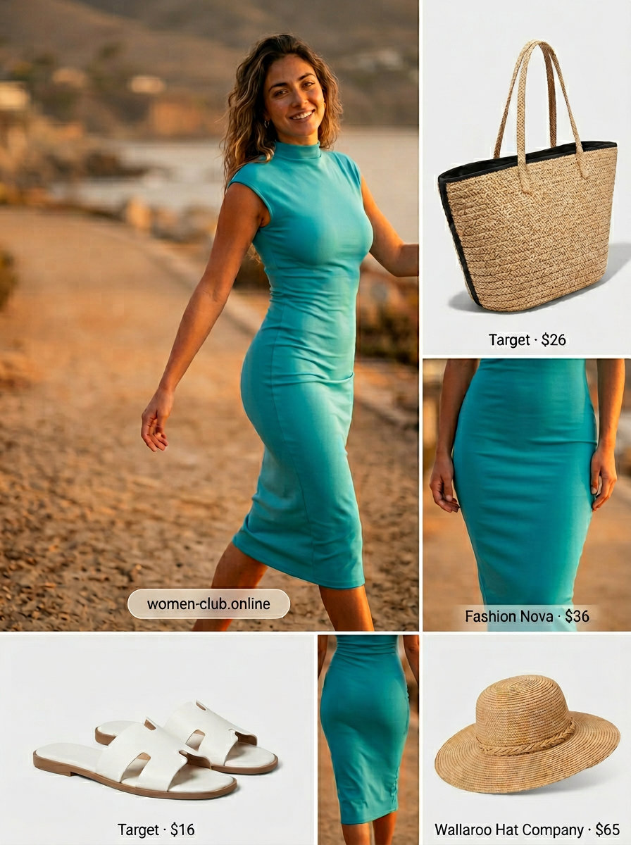 Turquoise bodycon dress with white slides, straw hat & tote for summer vacation outfits 2026.
