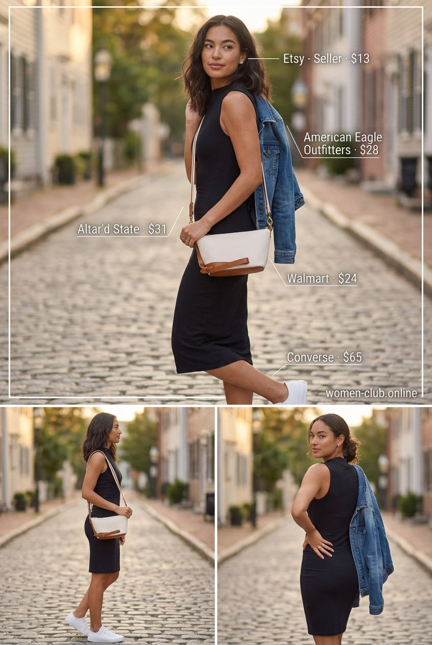 Beige bodycon dress with denim jacket, sneakers & crossbody bag for summer casual outfits 2026.