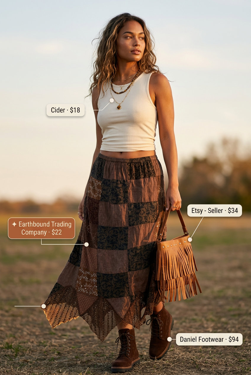Boho outfit: Earth tone checkered maxi skirt, cream tank, fringe bag, boots & layered necklaces. What to wear with checkered skirt summer 2026.