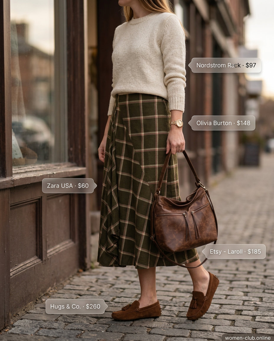 What to Wear with Checkered Skirt Summer 2026: Olive green & cream midi skirt, cream sweater, loafers for casual Friday.