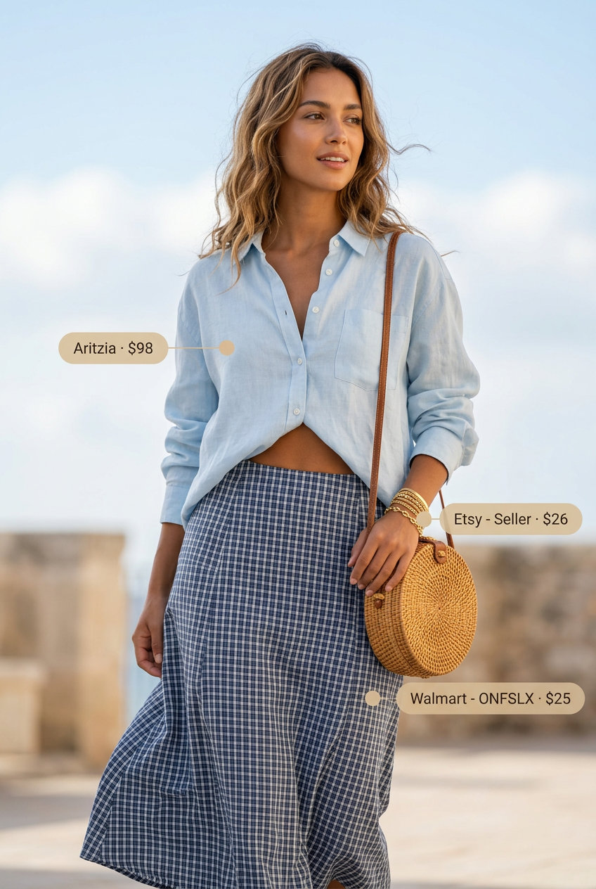 Coastal chic outfit with a navy and white checkered linen skirt, oversized white linen shirt, and espadrilles for summer 2026.