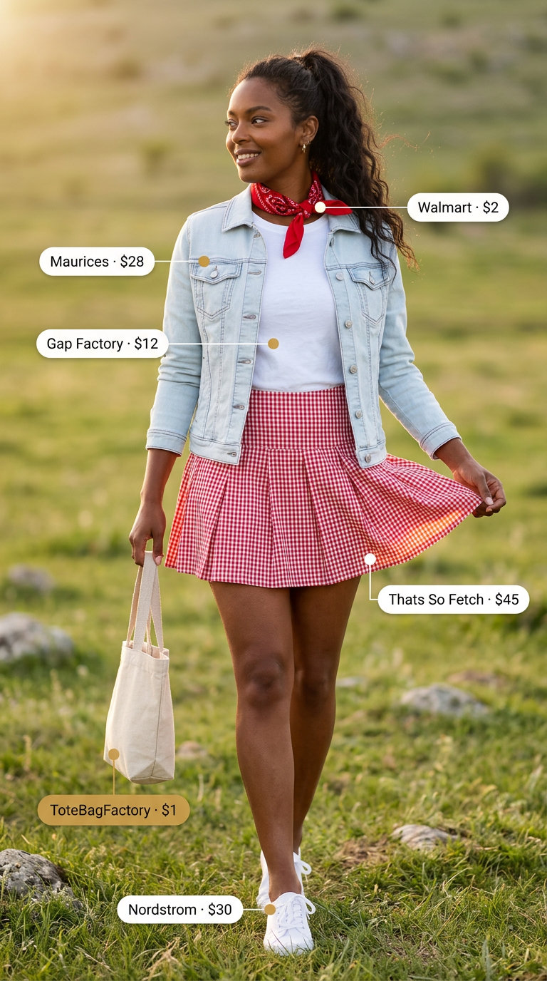 What to Wear with Checkered Skirt Summer 2026: Red & white mini skirt, denim jacket, sneakers for casual day.
