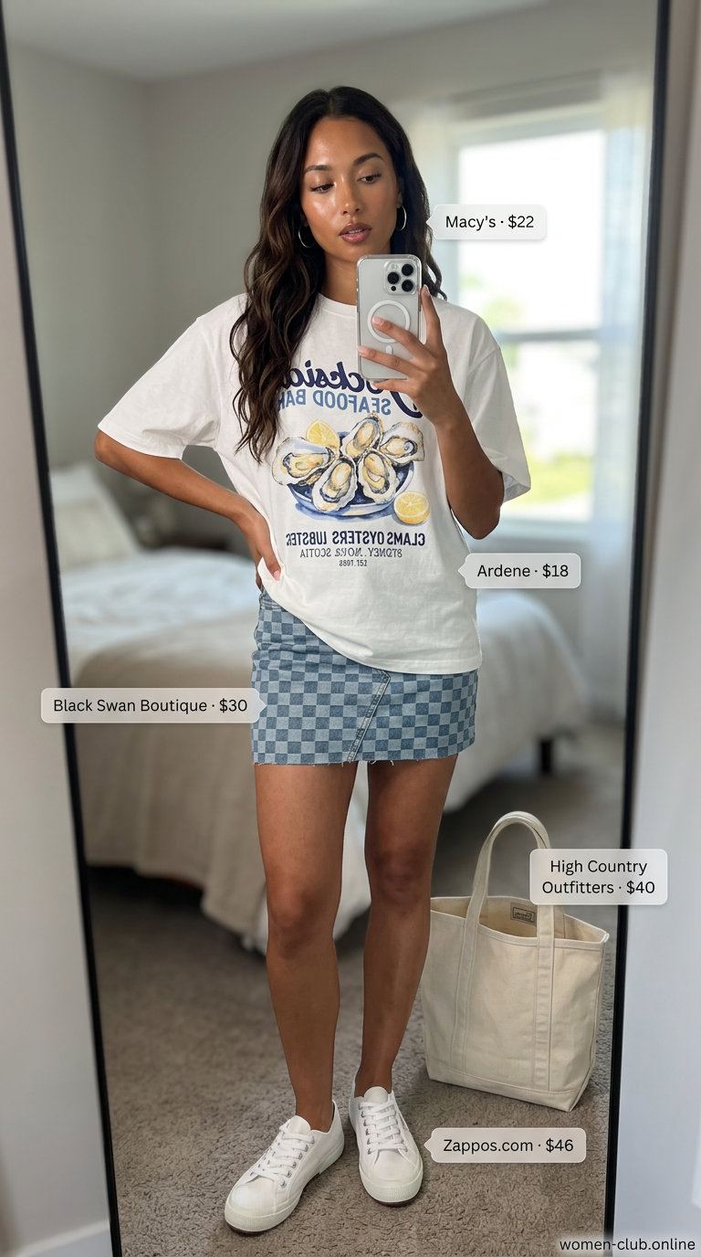 Casual cool outfit: Blue & white checkered denim skirt, graphic tee, canvas tote & hoops. What to wear with checkered skirt summer 2026.