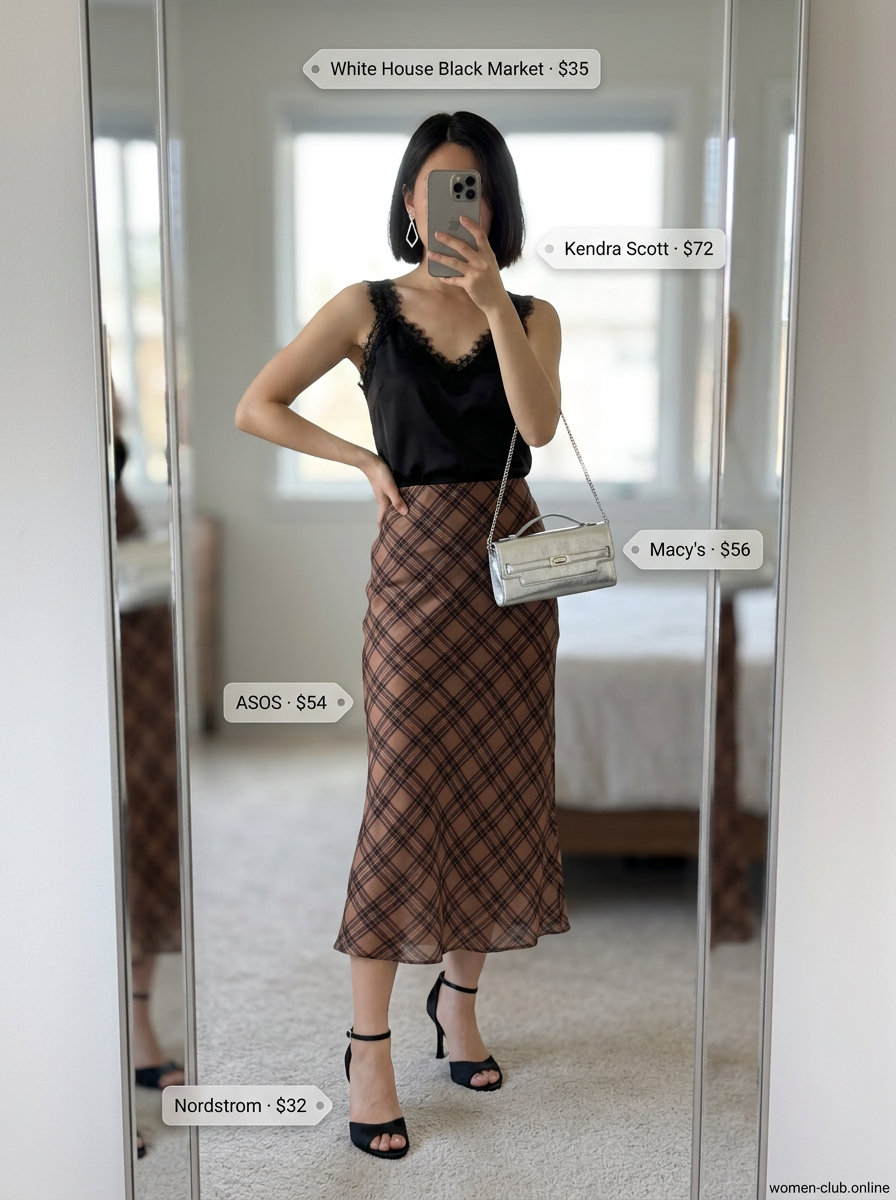 Elegant evening outfit with a black satin checkered midi skirt, lace camisole, and silver accessories for summer 2026.