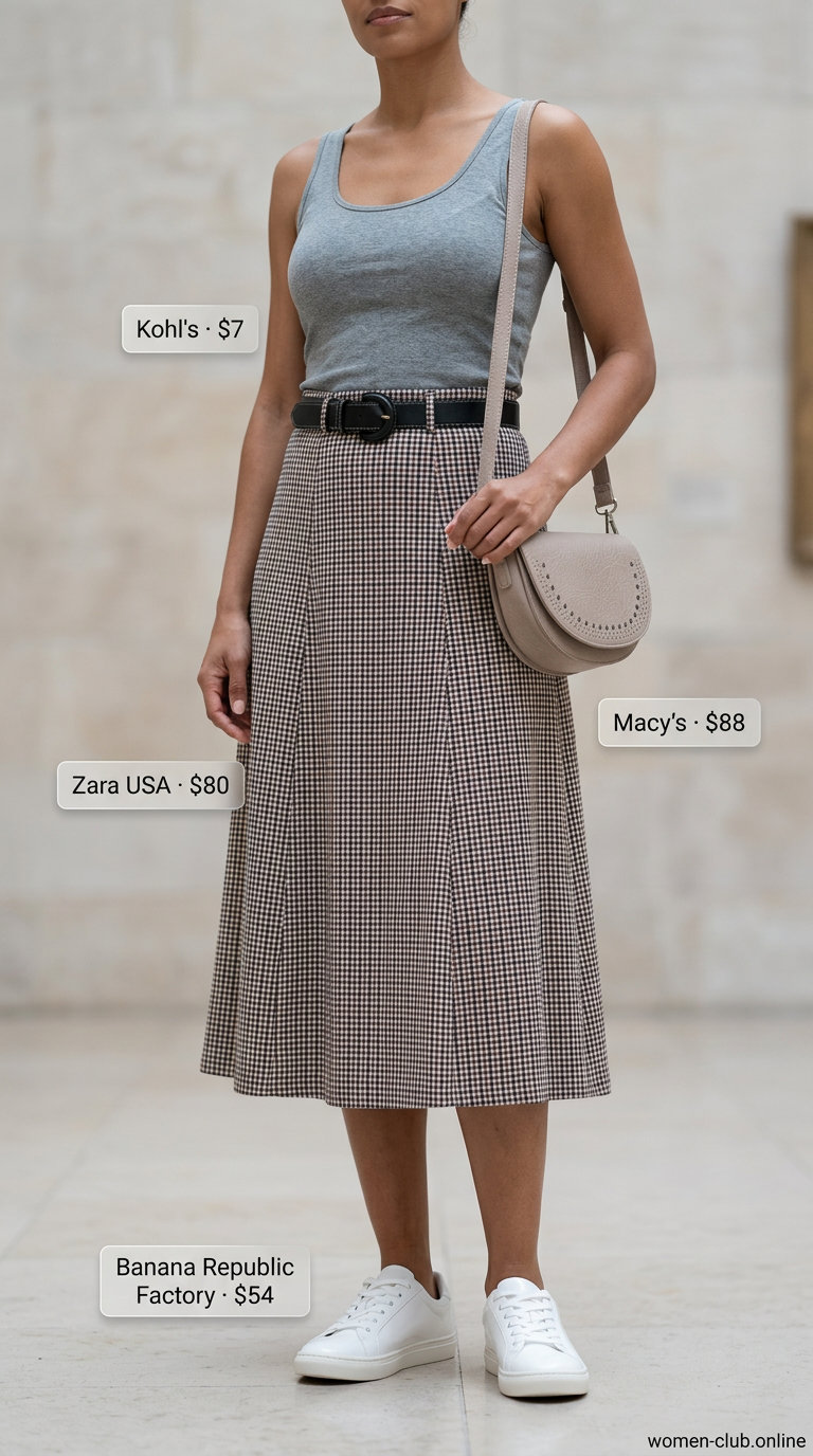 What to Wear with Checkered Skirt Summer 2026: Grey midi skirt, tank top, sneakers for minimalist casual.