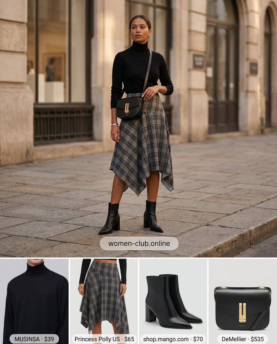 What to Wear with Checkered Skirt Summer 2026: Grey midi skirt, turtleneck, ankle boots for modern office.