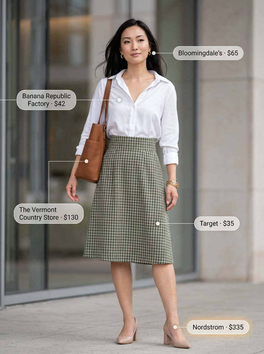 What to Wear with Checkered Skirt Summer 2026: Green & white pencil skirt, white shirt, block heels for office.