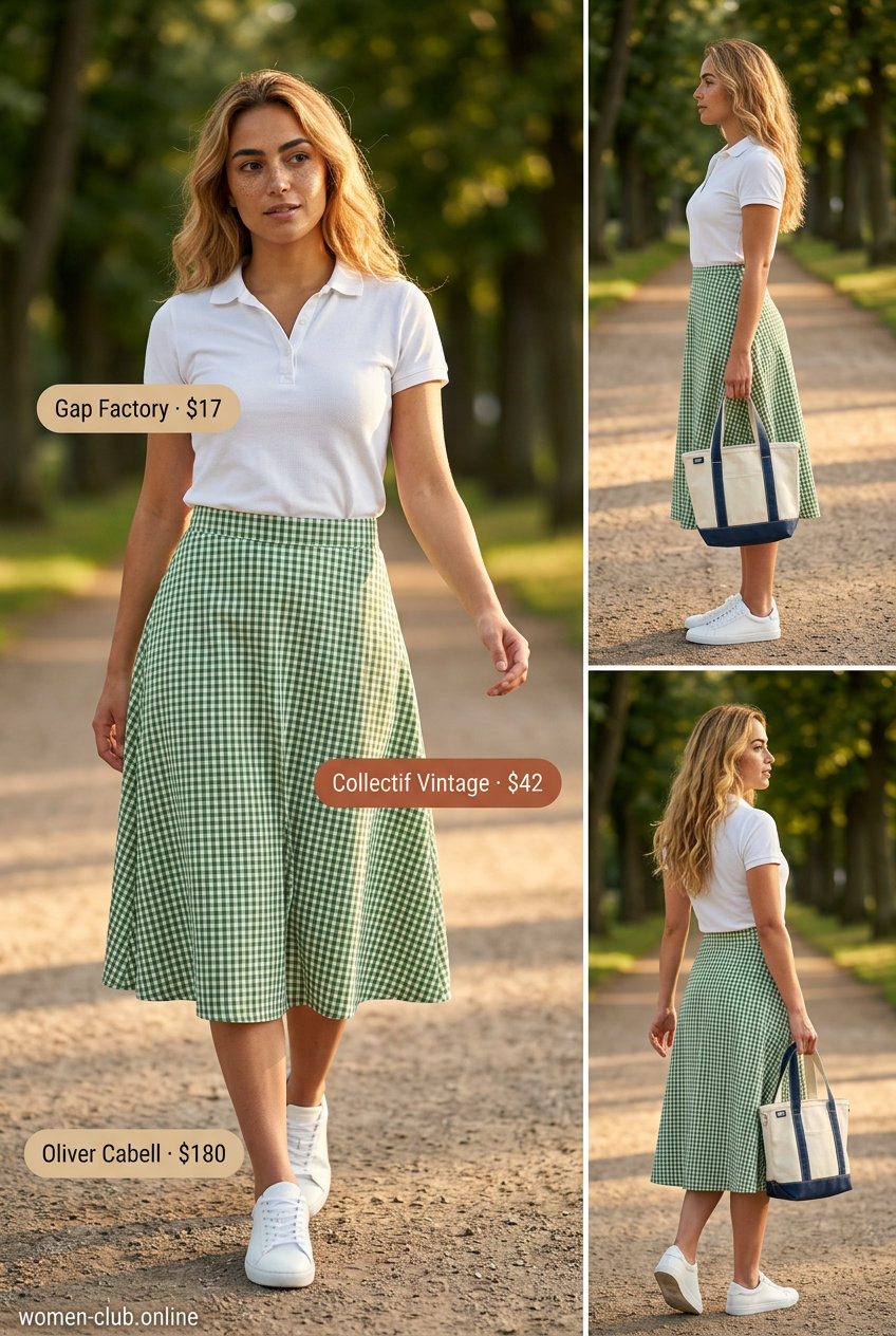 Preppy outfit: Green & white checkered midi skirt, navy polo, canvas tote & white sneakers. What to wear with checkered skirt summer 2026.
