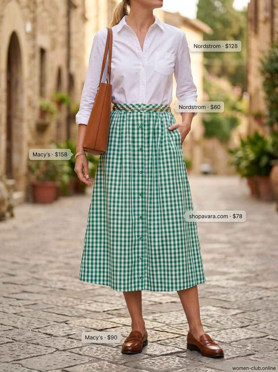 Preppy outfit with a green and white checkered midi skirt, crisp white shirt, and penny loafers for summer 2026.