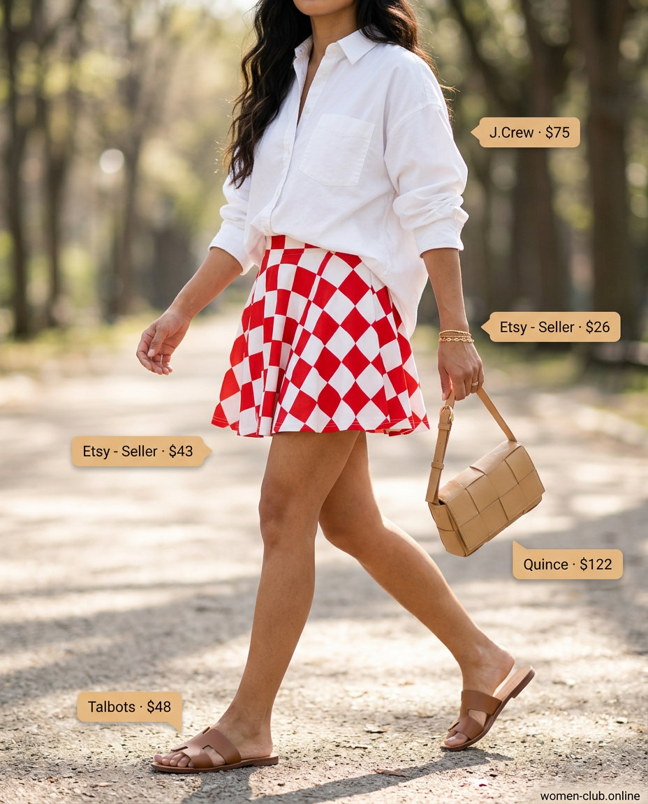 What to Wear with Checkered Skirt Summer 2026: Red & white mini skirt, white shirt, slide sandals for picnic.