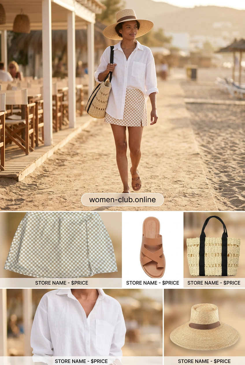 Resort casual outfit with a tan and white checkered mini skirt, oversized linen shirt, and straw accessories for summer 2026.