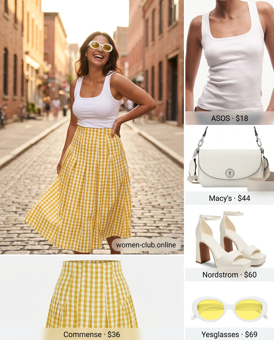 Retro summer outfit with a yellow and white checkered midi skirt, fitted knit top, and platform sandals for summer 2026.