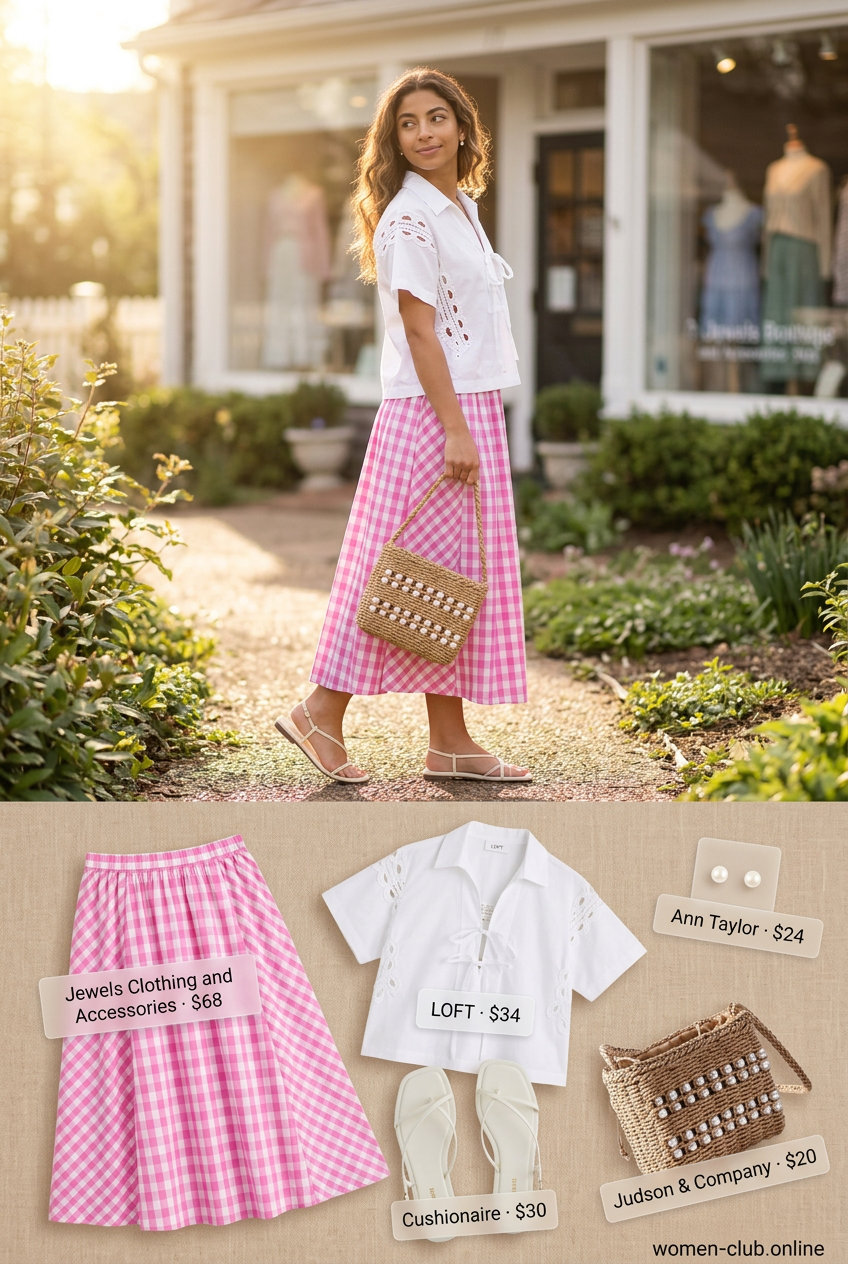 Romantic outfit: Pastel pink checkered midi skirt, white eyelet blouse, straw bag & sandals. What to wear with checkered skirt summer 2026.