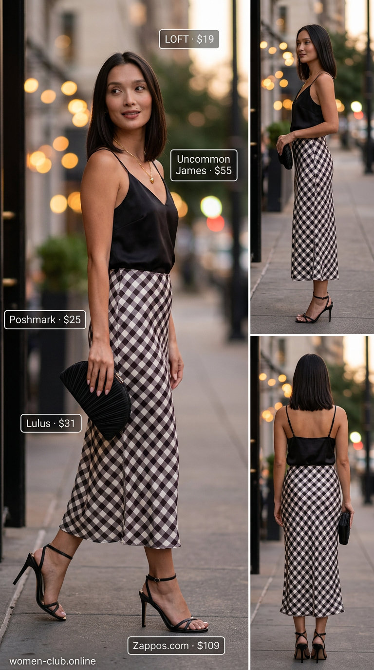 What to Wear with Checkered Skirt Summer 2026: Black & white satin skirt, camisole, heels for dinner date.
