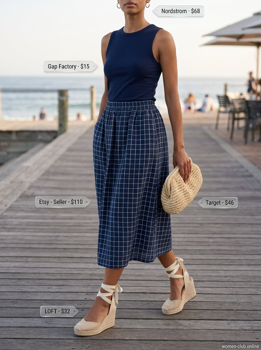 Sophisticated outfit: Navy & white checkered midi skirt, ribbed tank, espadrilles, straw clutch. What to wear with checkered skirt summer 2026.
