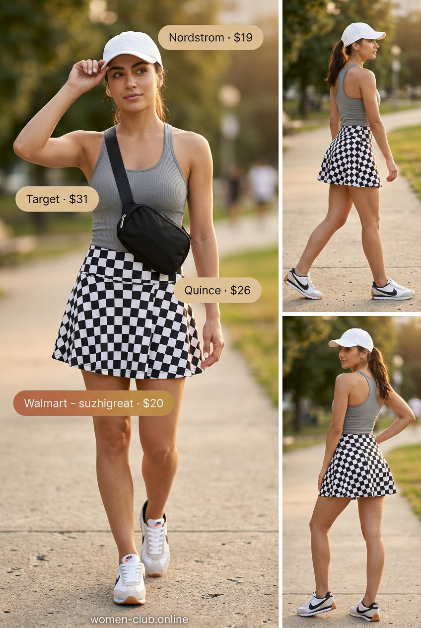 Sporty outfit: Black & white checkered tennis skirt, grey tank, cap, belt bag & sneakers. What to wear with checkered skirt summer 2026.