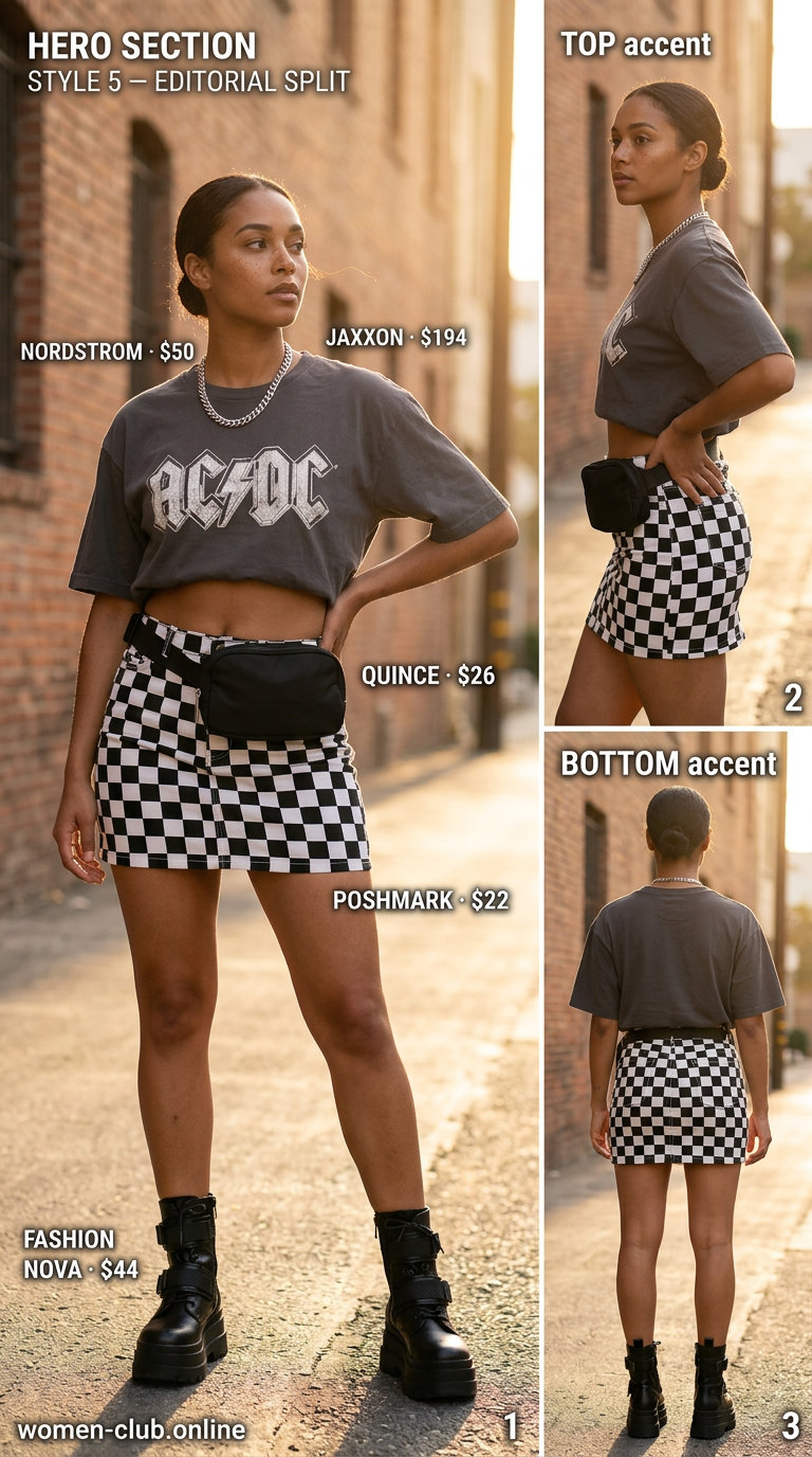 What to Wear with Checkered Skirt Summer 2026: Black & white mini skirt, graphic tee, combat boots for streetwear.