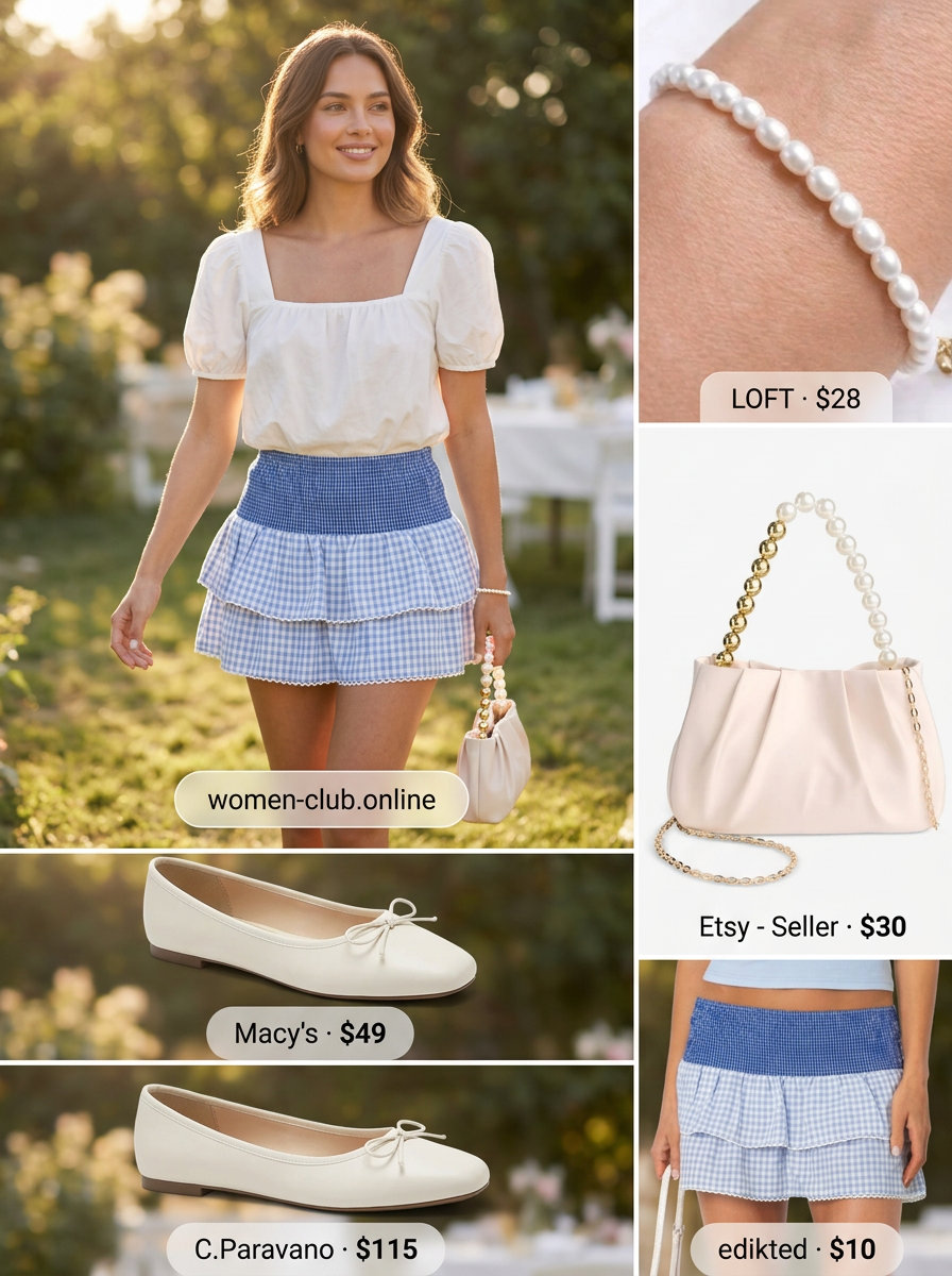 Sweet summer daydream outfit with a pastel blue checkered mini skirt, puff-sleeve blouse, and ballet flats for summer 2026.