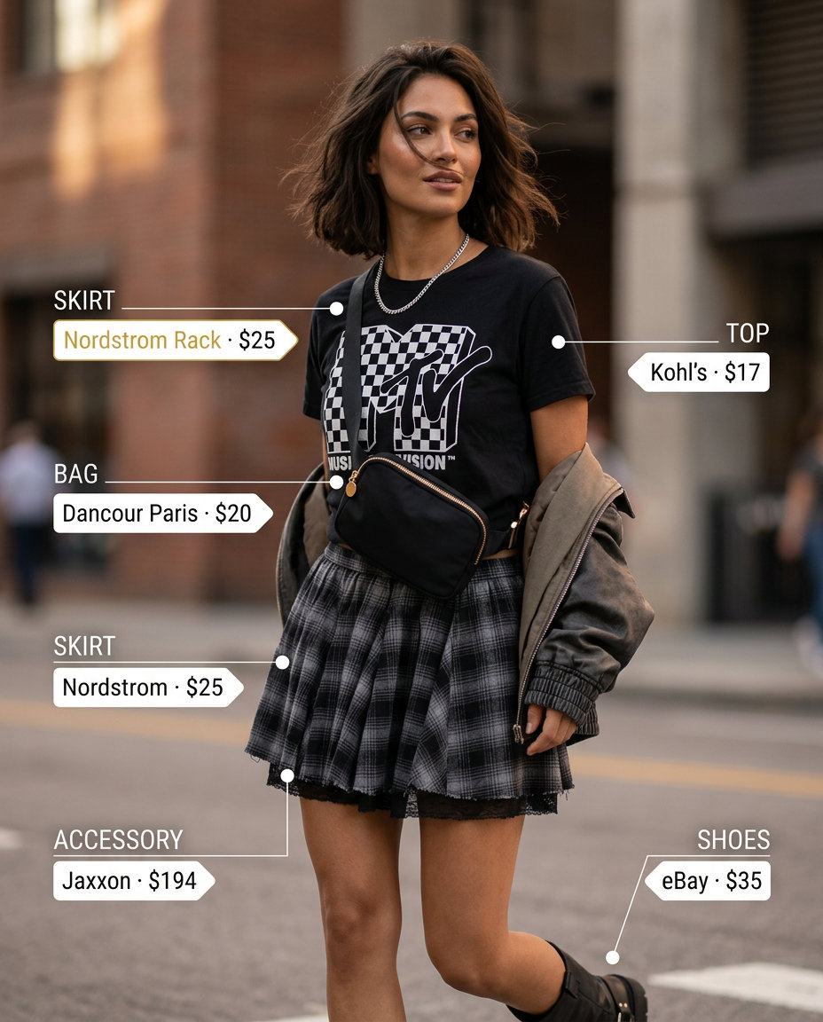 What to Wear with Checkered Skirt Summer 2026: Black & grey mini skirt, band tee, combat boots for urban style.