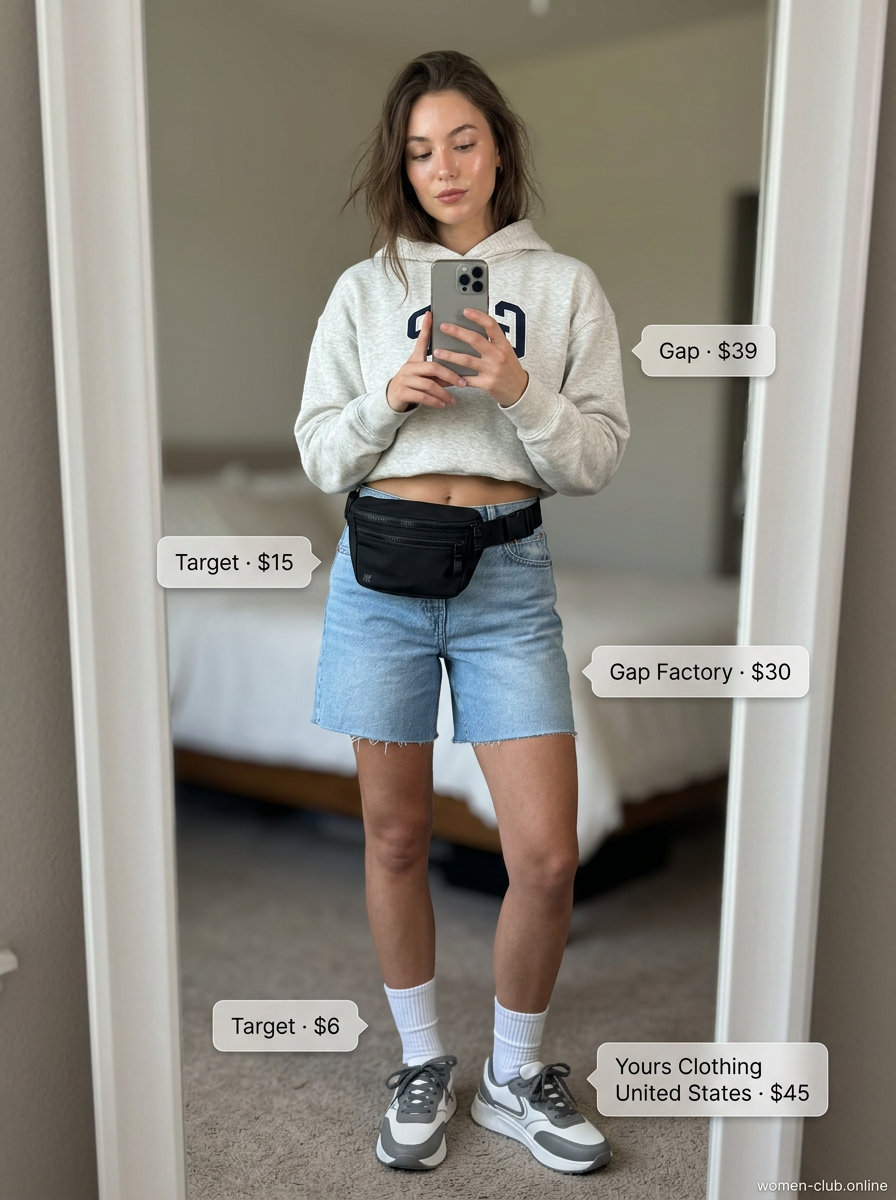 What to Wear with Denim Shorts Summer 2026: Athleisure look with grey hoodie, white socks, chunky sneakers & denim shorts.