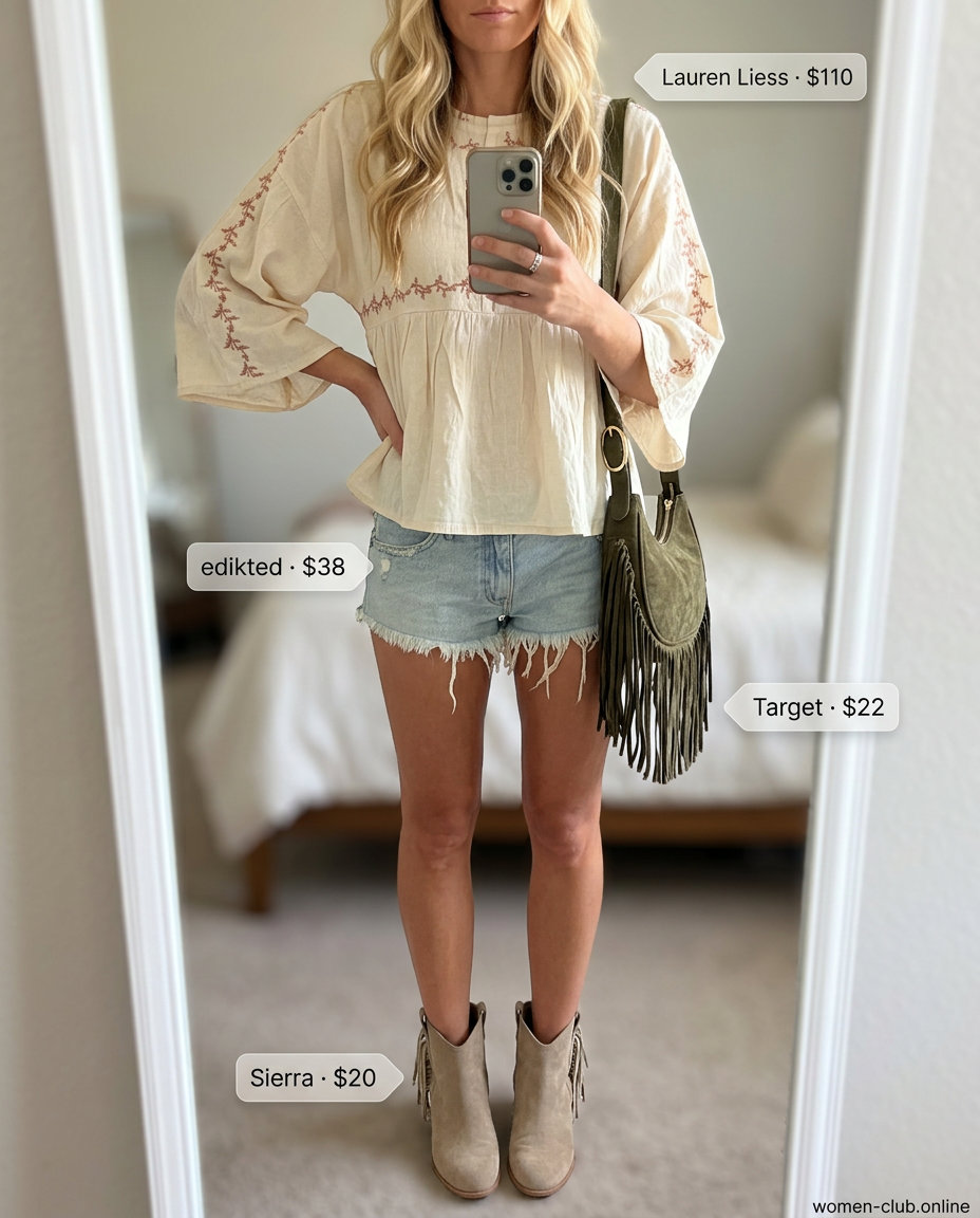 What to Wear with Denim Shorts Summer 2026: Boho festival outfit with distressed denim shorts, peasant blouse & suede boots.