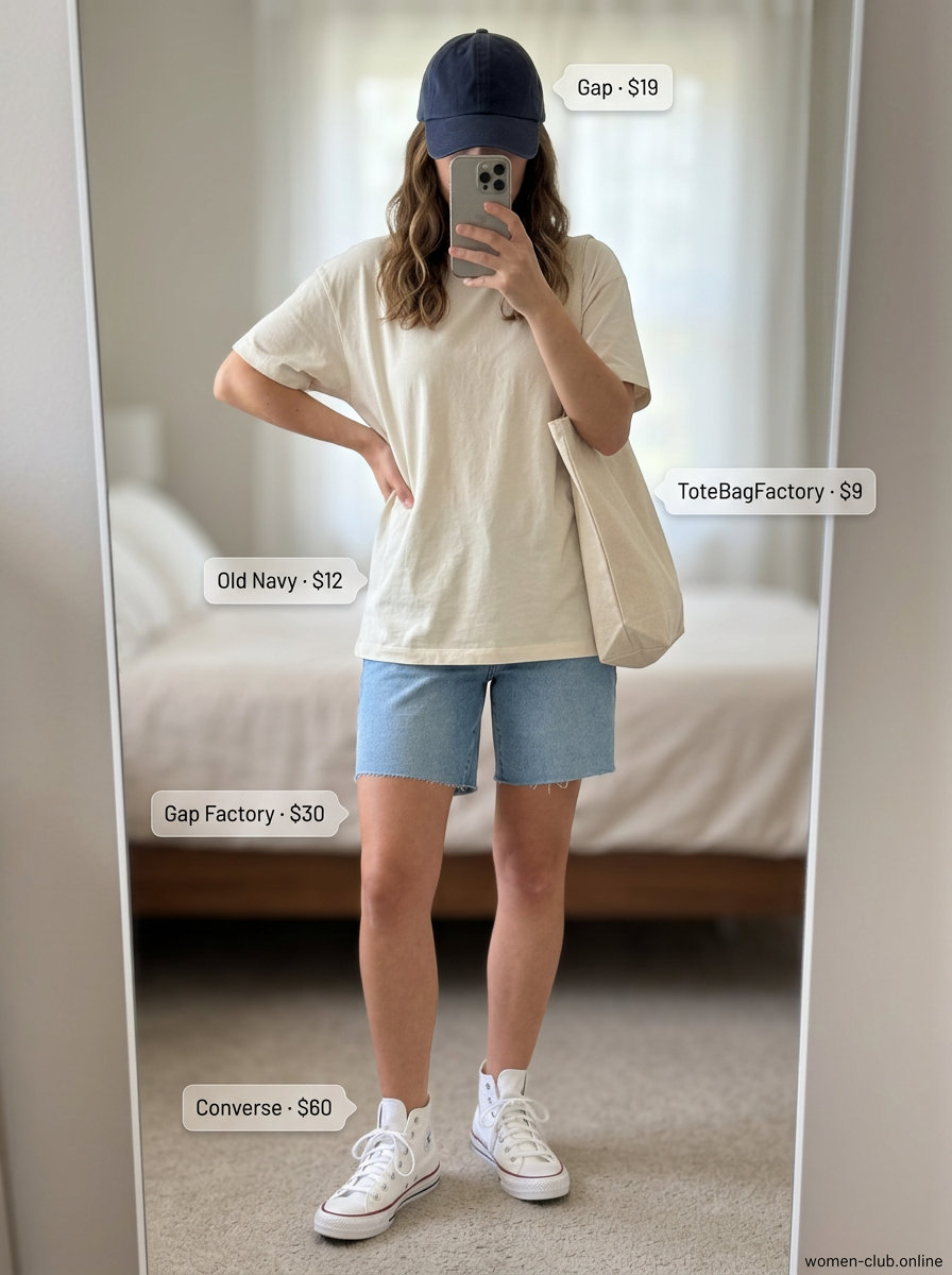 Casual comfort outfit with relaxed denim shorts, oversized tee, and sneakers. What to wear with denim shorts summer 2026 for everyday ease.
