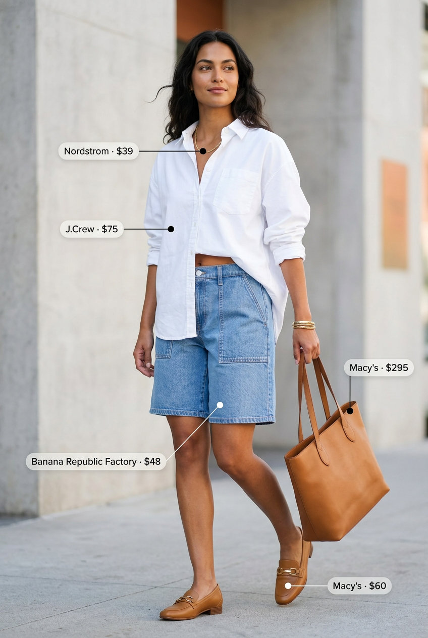 What to Wear with Denim Shorts Summer 2026: Chic office outfit with tailored Bermuda shorts, crisp shirt, and loafers.