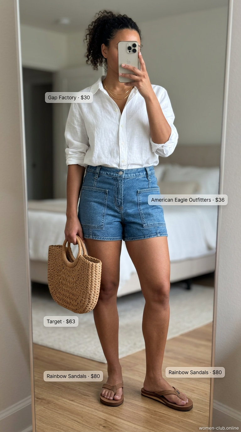 What to Wear with Denim Shorts Summer 2026: Coastal breeze outfit with distressed denim shorts, linen shirt, and straw tote.