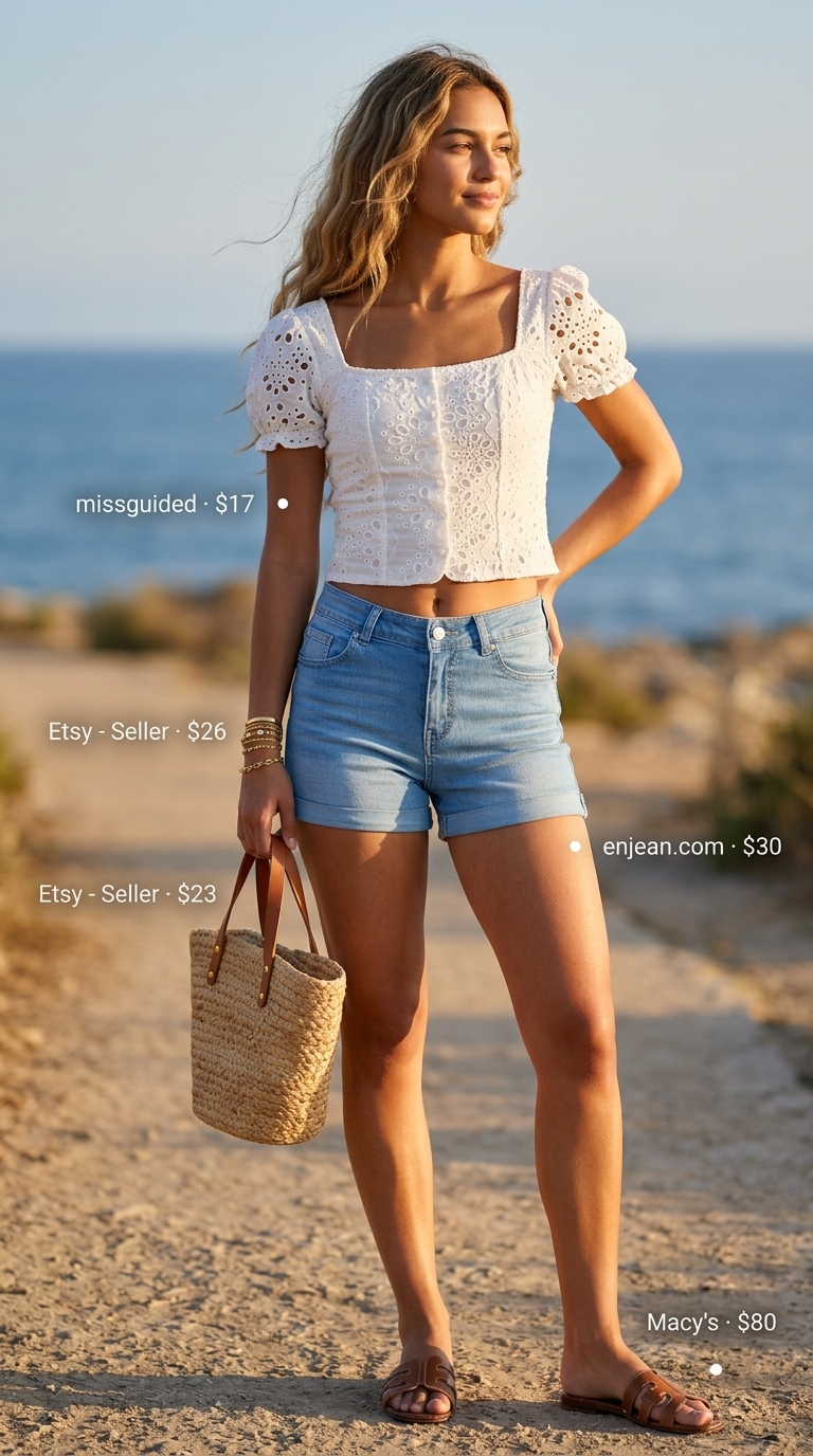 Coastal summer outfit with light wash denim shorts, eyelet blouse, and straw tote. What to wear with denim shorts summer 2026 for a breezy vibe.