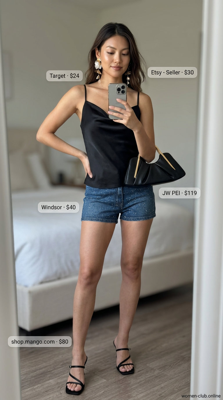 Glamorous evening outfit with embellished denim shorts, black satin camisole, and gold statement earrings. What to wear with denim shorts summer 2026.