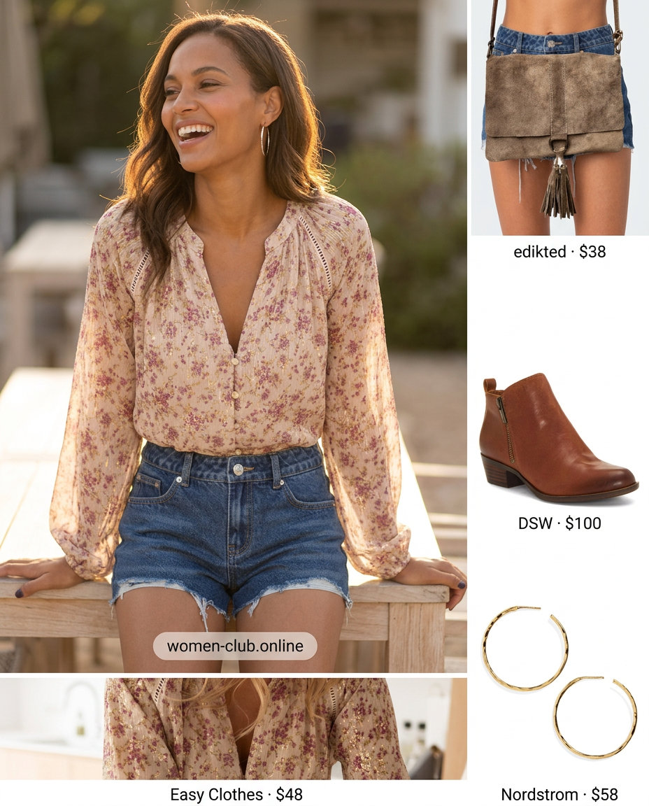 Modern bohemian outfit with distressed denim shorts, floral blouse, and leather boots. What to wear with denim shorts summer 2026 for artistic flair.