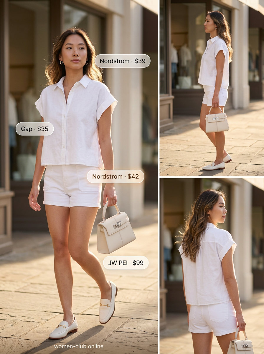 What to Wear with Denim Shorts Summer 2026: Monochromatic white outfit with linen blouse, white denim shorts & loafers.