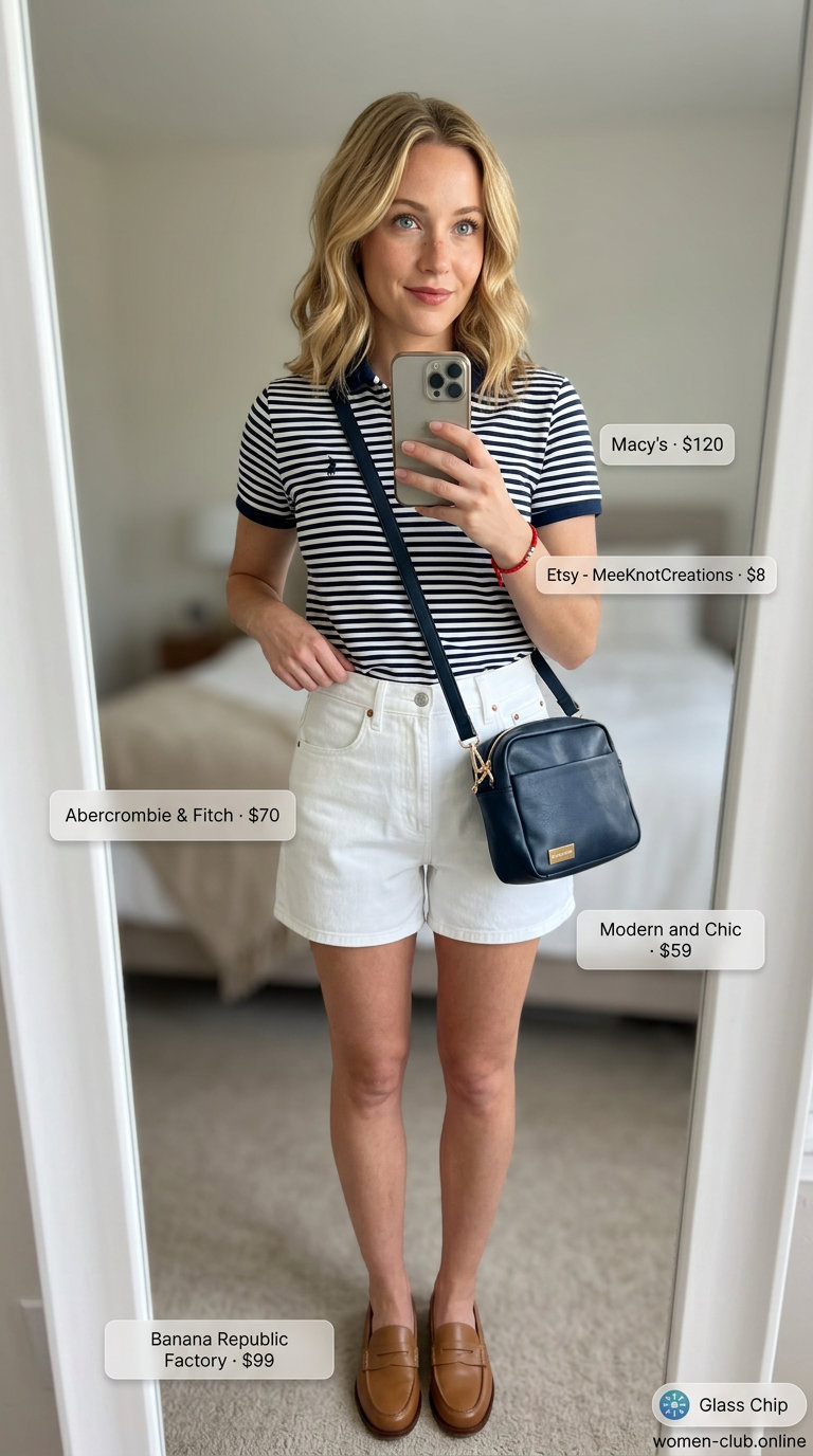 What to Wear with Denim Shorts Summer 2026: Preppy white denim shorts paired with a navy polo and loafers for a clean look.