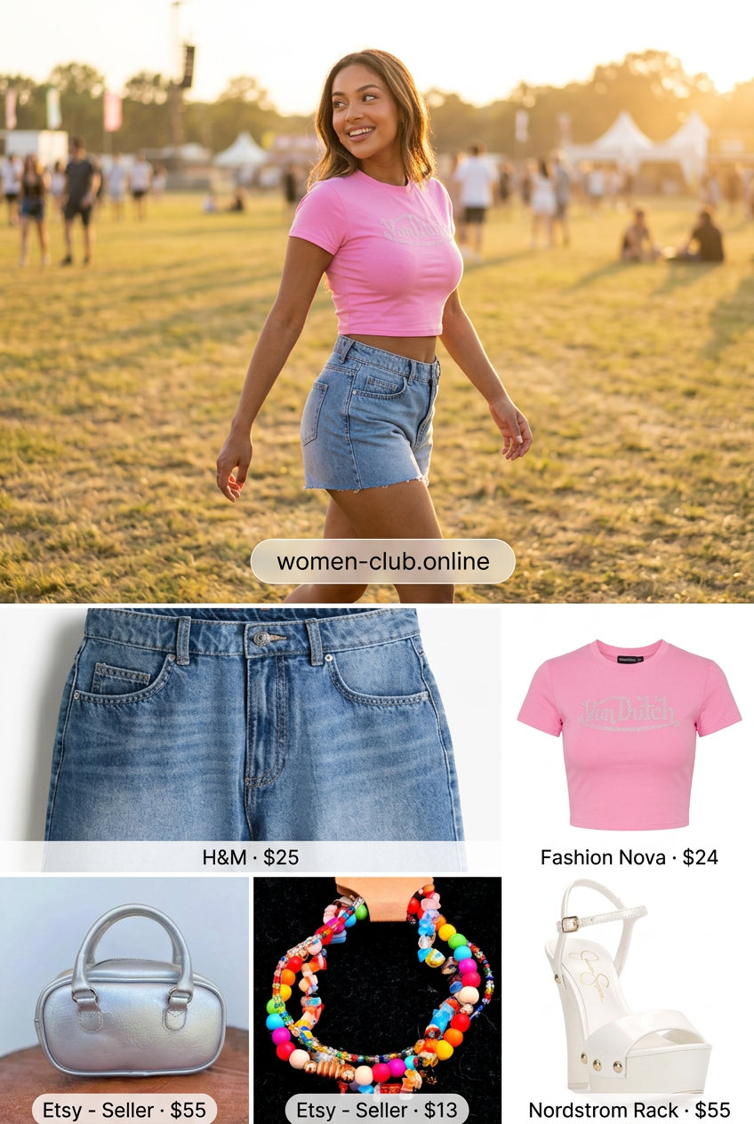 What to Wear with Denim Shorts Summer 2026: Y2K outfit with light wash denim shorts, graphic crop top & platform sandals.