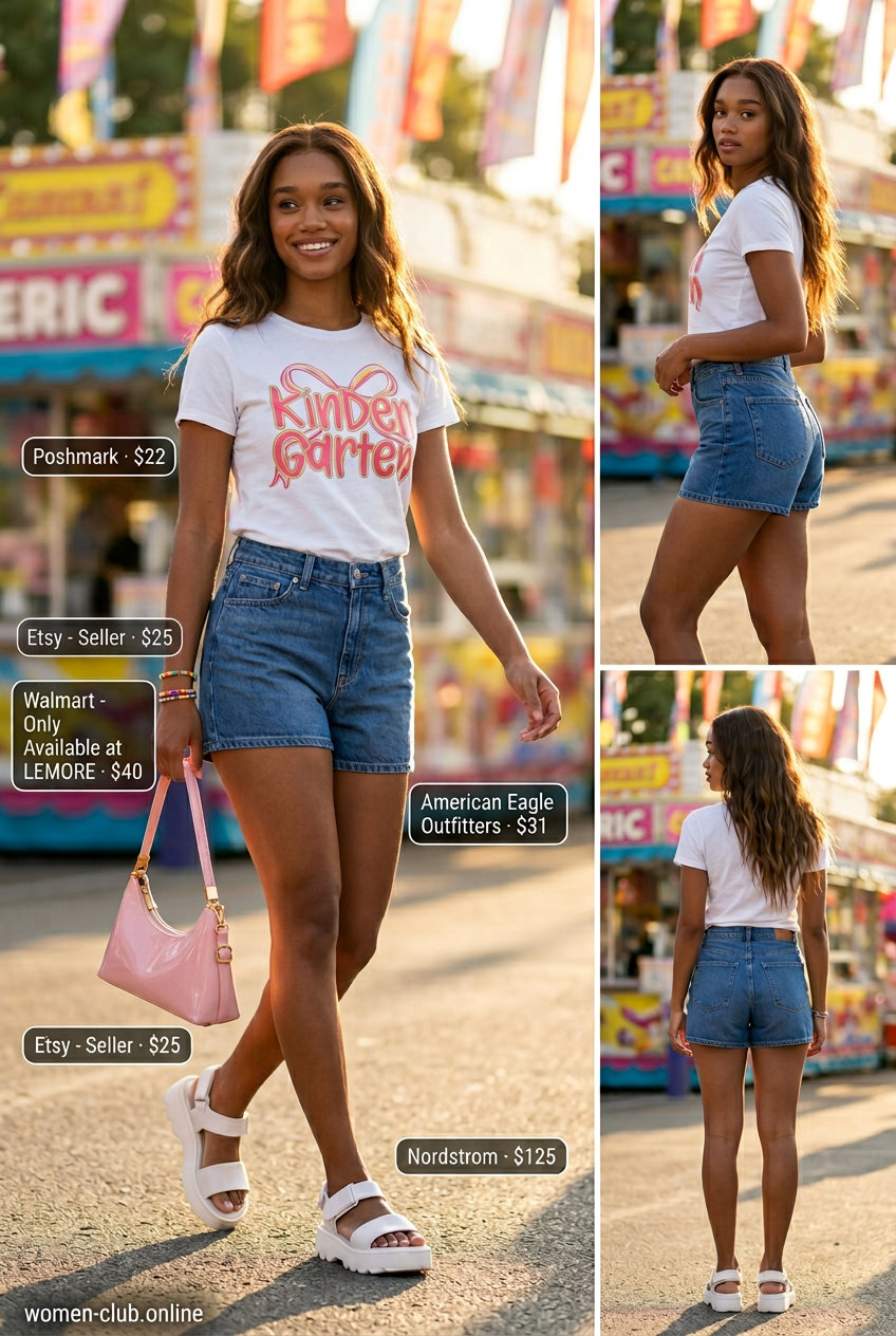Retro summer outfit with high-waisted denim shorts, graphic tee, and platform sandals. What to wear with denim shorts summer 2026 for fun.