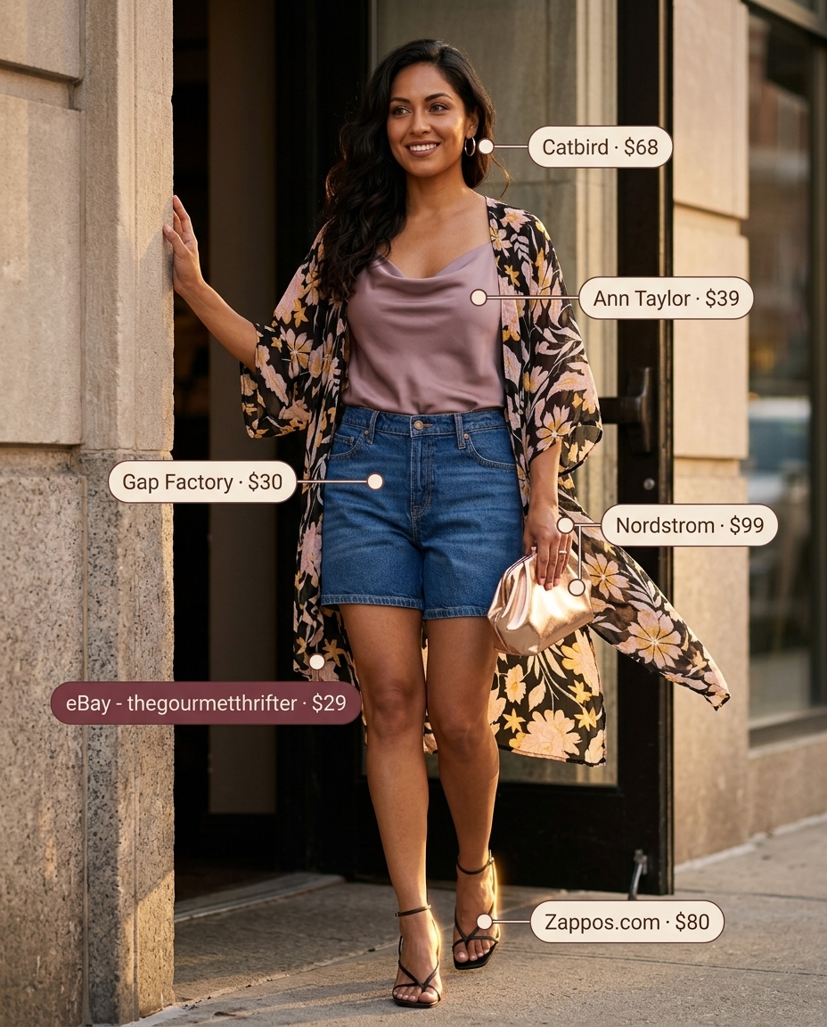 What to Wear with Denim Shorts Summer 2026: Sunset outfit with navy denim shorts, blush cami & floral kimono.