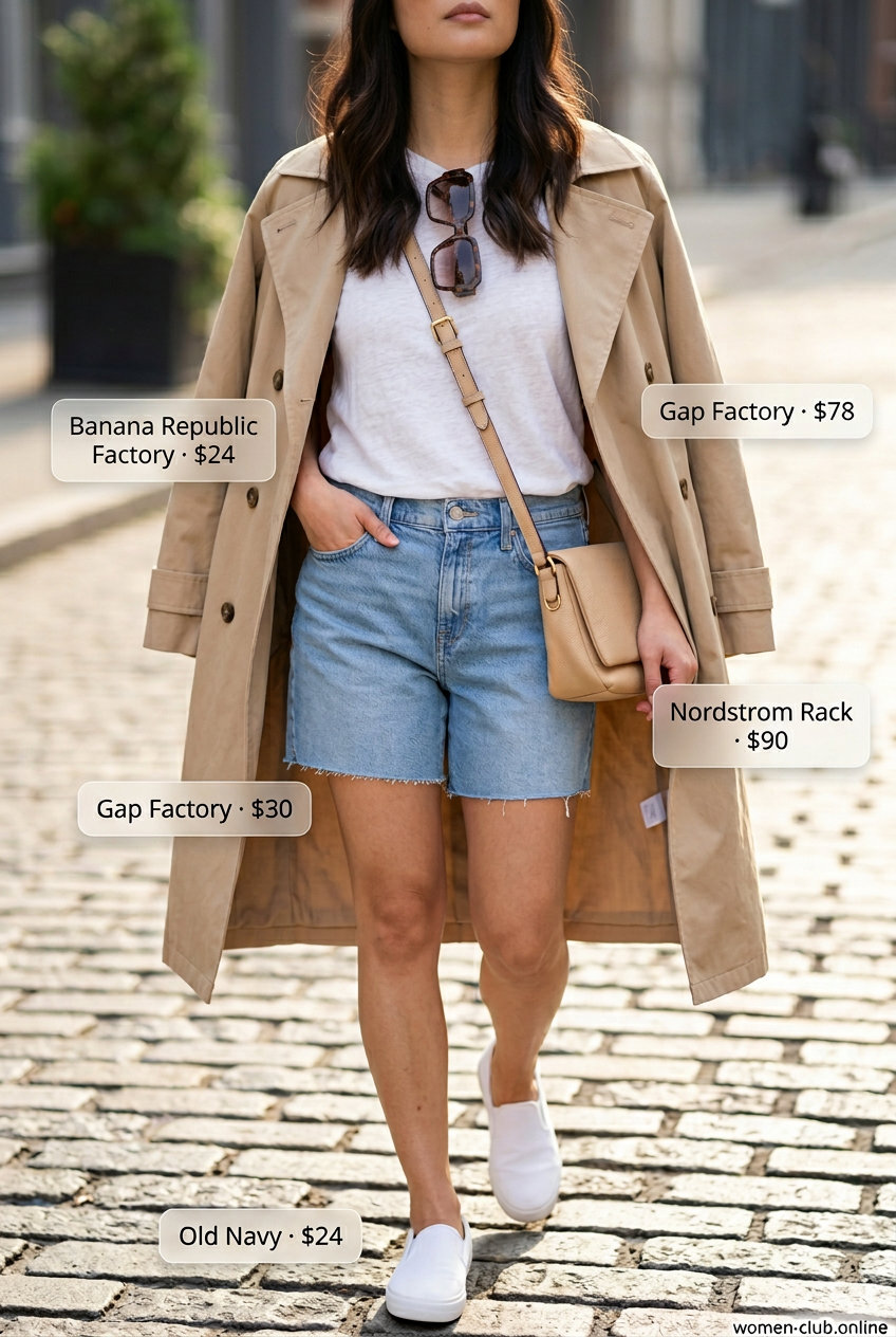 What to Wear with Denim Shorts Summer 2026: Effortless travel outfit with denim shorts, linen tee, trench coat, and slip-on sneakers.