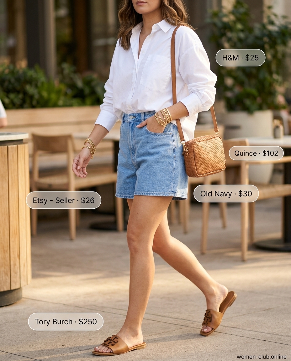 What to Wear with Denim Shorts Summer 2026: Weekend getaway outfit with relaxed denim shorts, oversized white shirt, and leather sandals.