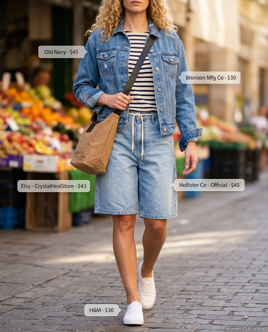 What to Wear with Denim Shorts Summer 2026: Weekend wanderer outfit with relaxed denim shorts, Breton stripe tee, and denim jacket.