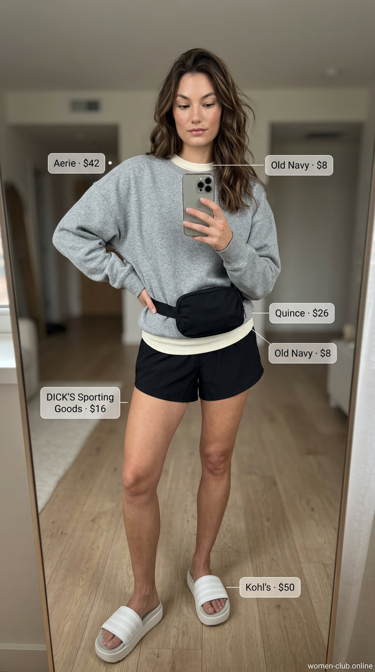 What to Wear with Platform Sandals Summer 2026: Grey sweatshirt, black shorts, white tank, and sporty platform slides.