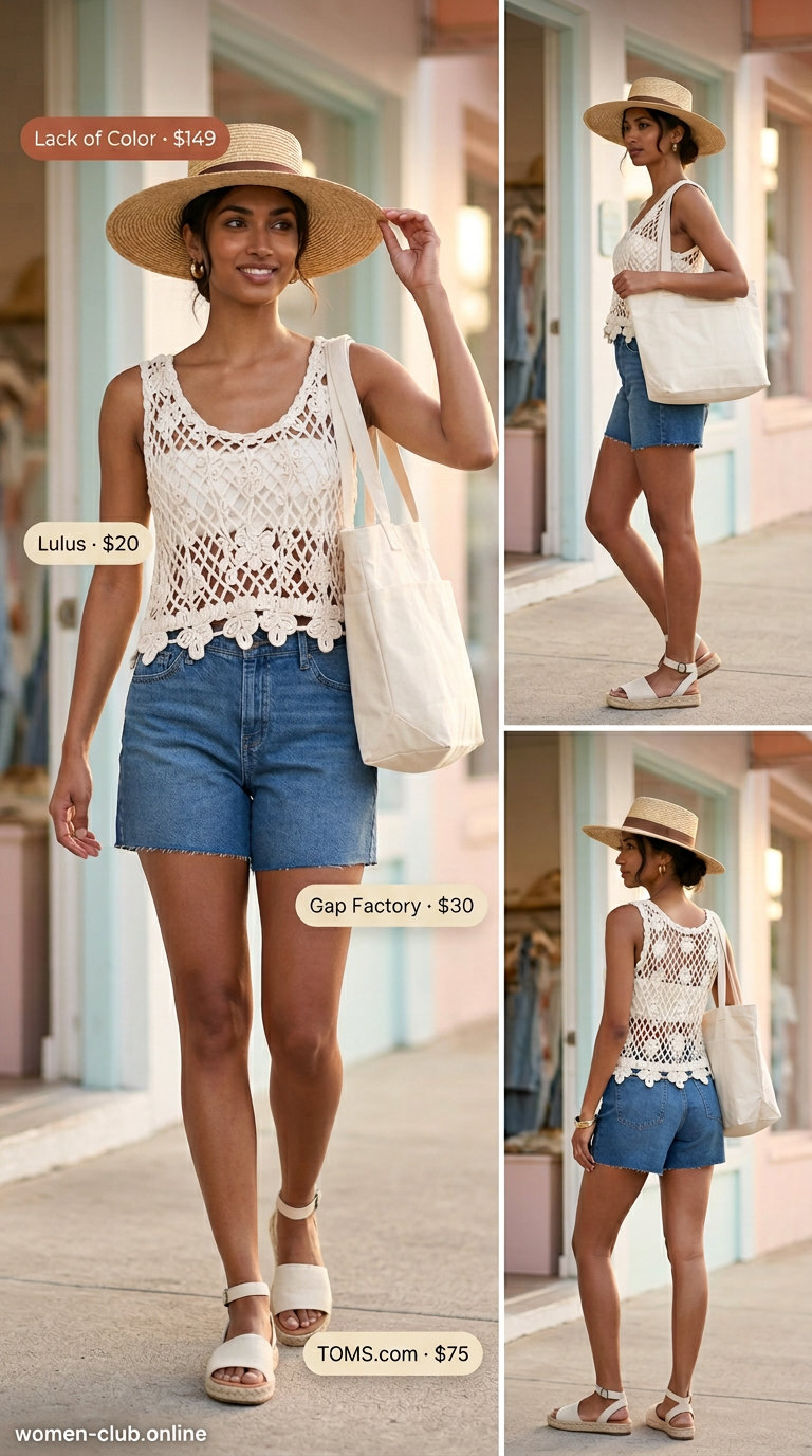 Sunset Beach Breeze outfit with denim shorts, crochet top, and espadrille sandals. What to wear with platform sandals summer 2026.