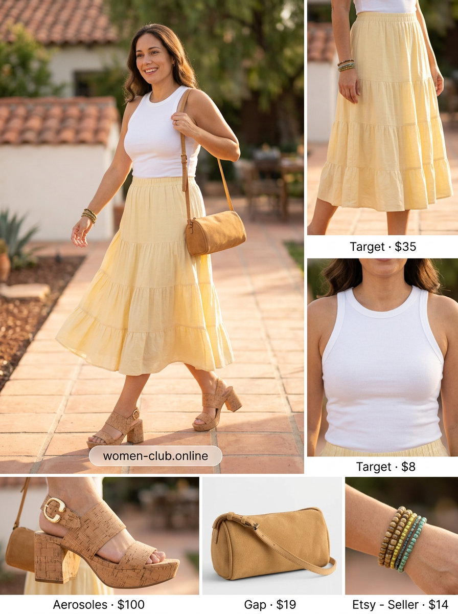 Boho Summer Fiesta outfit with terracotta skirt, white tank, and wood platform sandals. What to wear with platform sandals summer 2026.