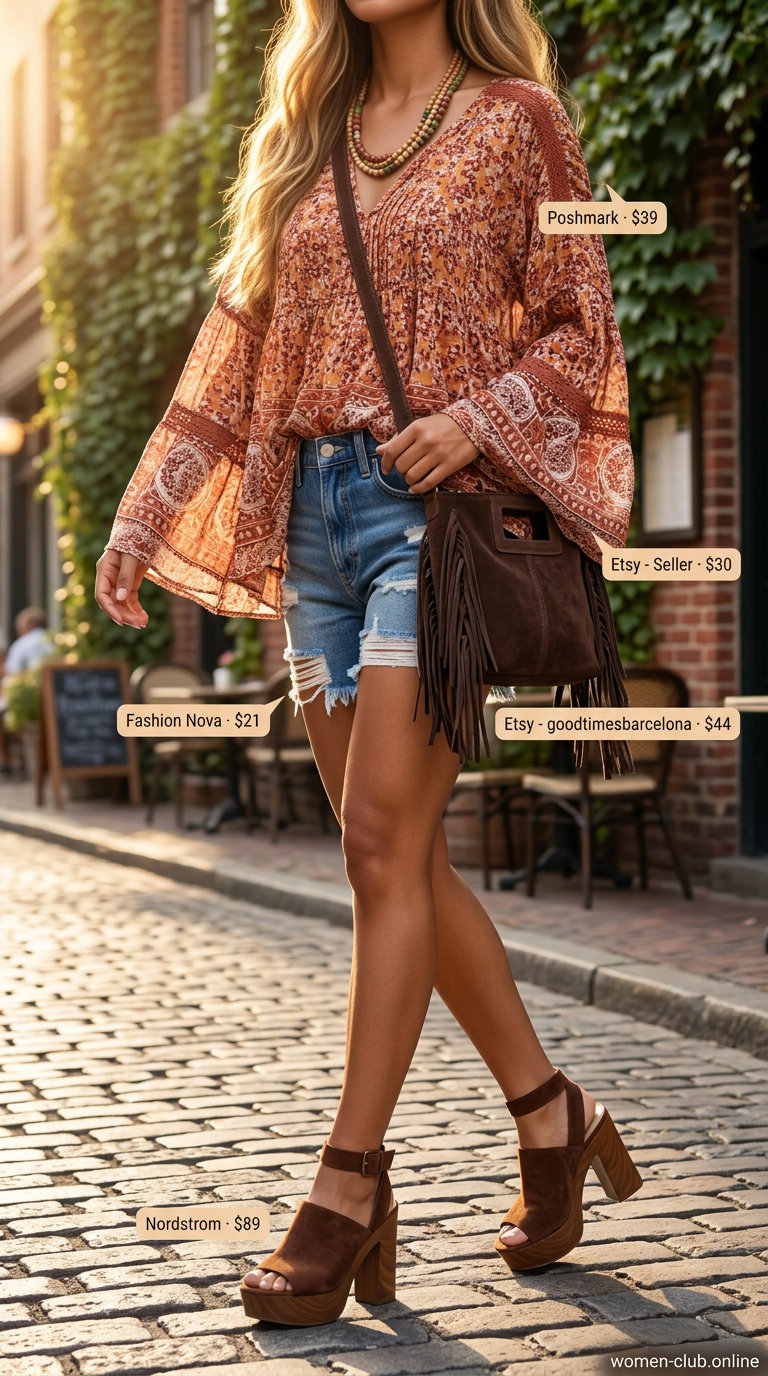 What to Wear with Platform Sandals Summer 2026: Terracotta peasant blouse, denim shorts, brown platform slides for boho style.