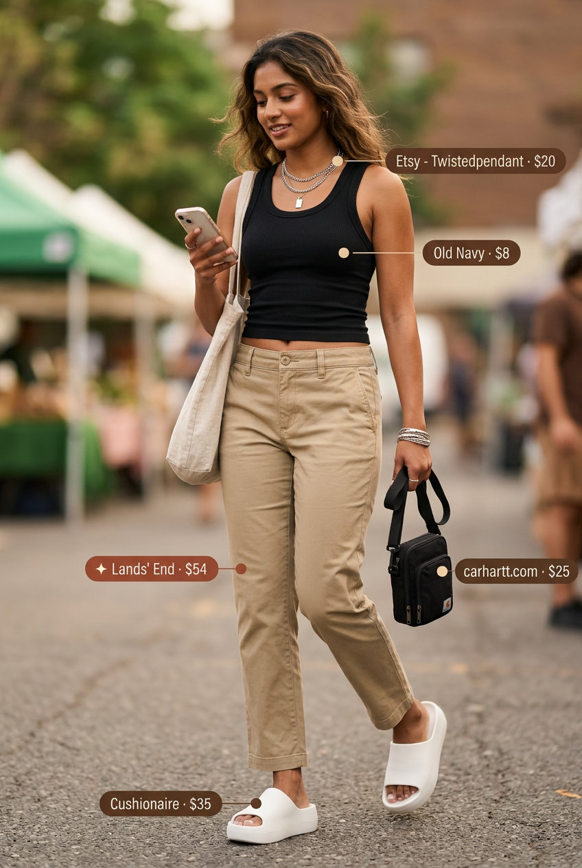 What to Wear with Platform Sandals Summer 2026: Khaki cargo pants, black tank, white platform sandals for street style.