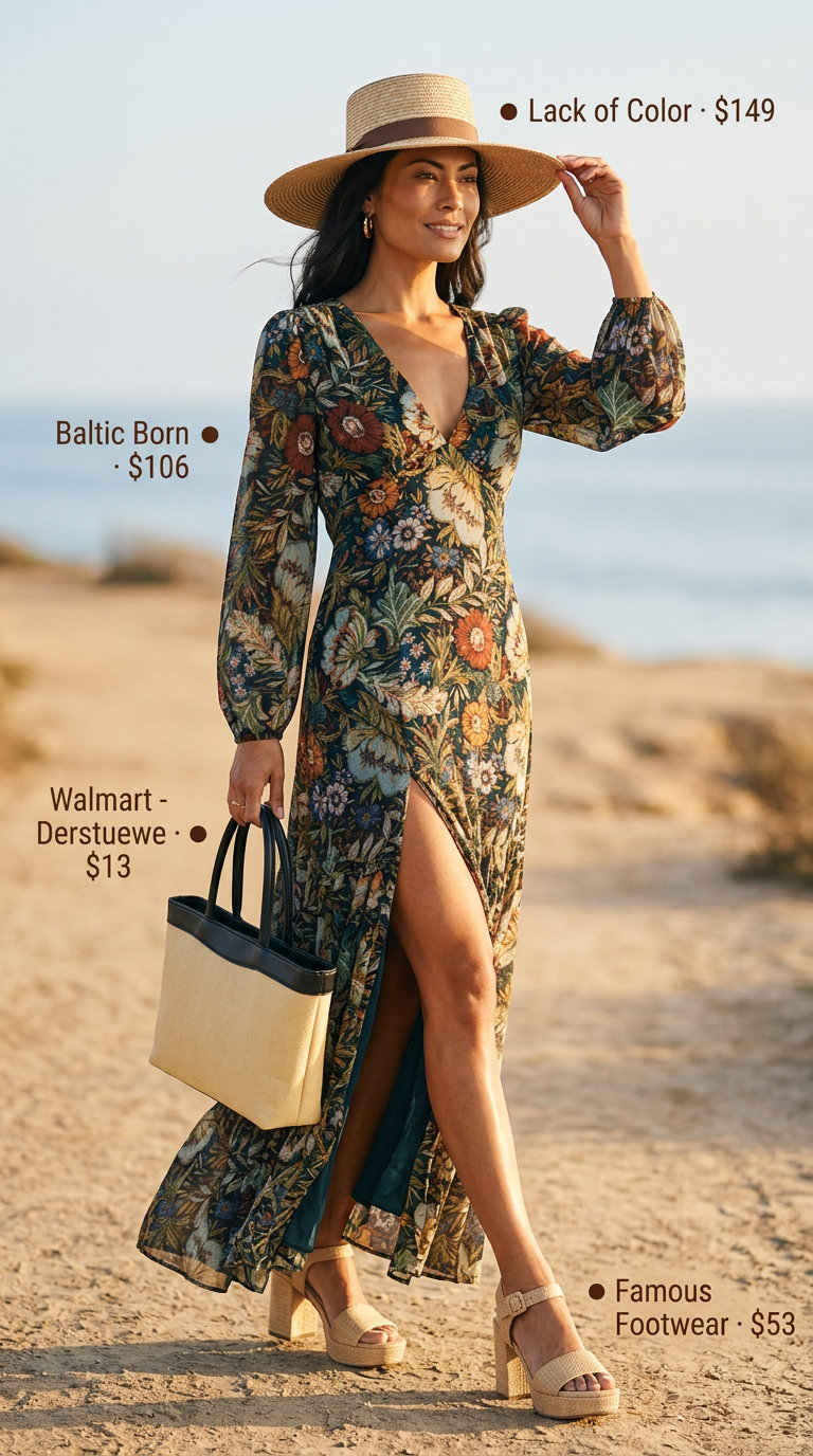 What to Wear with Platform Sandals Summer 2026: Coral floral maxi dress, tan platform sandals, straw hat for beach day.
